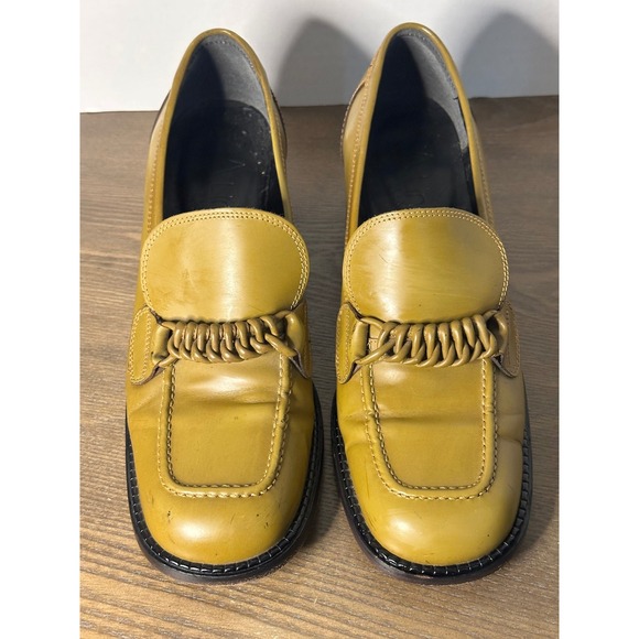 Anne Klein Shoes - VINTAGE A Line Anne Klein Yellow Leather Loafer Block Heels Made in Italy US 8.5